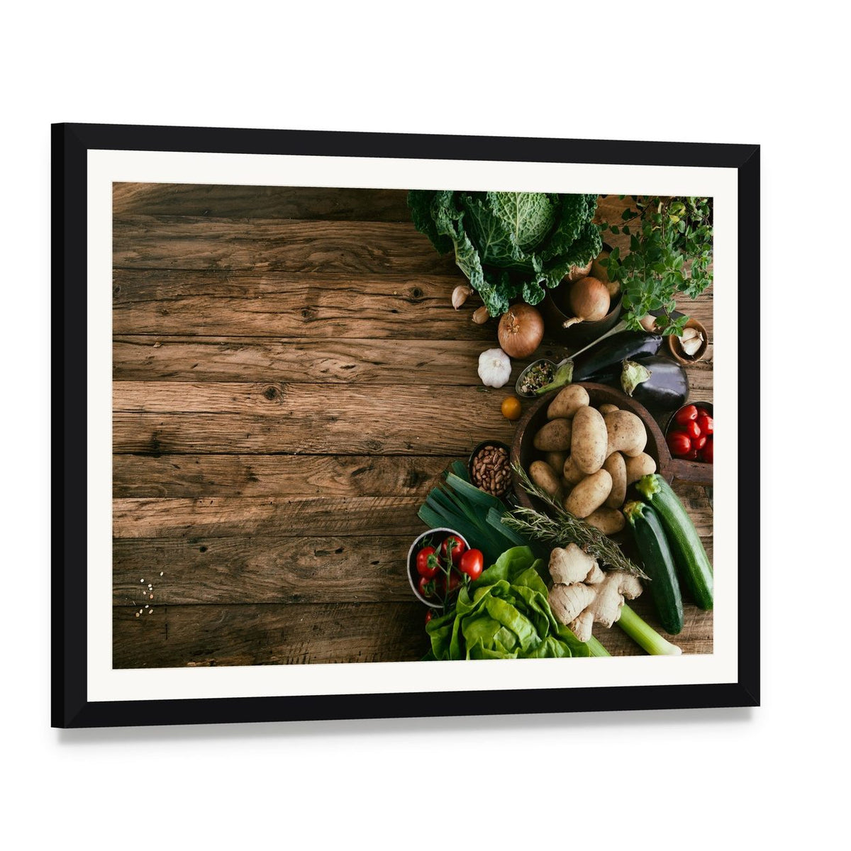 Vegetables on Wood Ready for Cooking Canvas Wall Art, framed print with white mat and black frame, angled product view