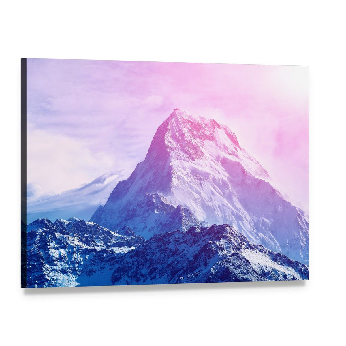 Pink Snowy Mountain Canvas Wall Art, single panel gallery wrapped canvas, angled product view