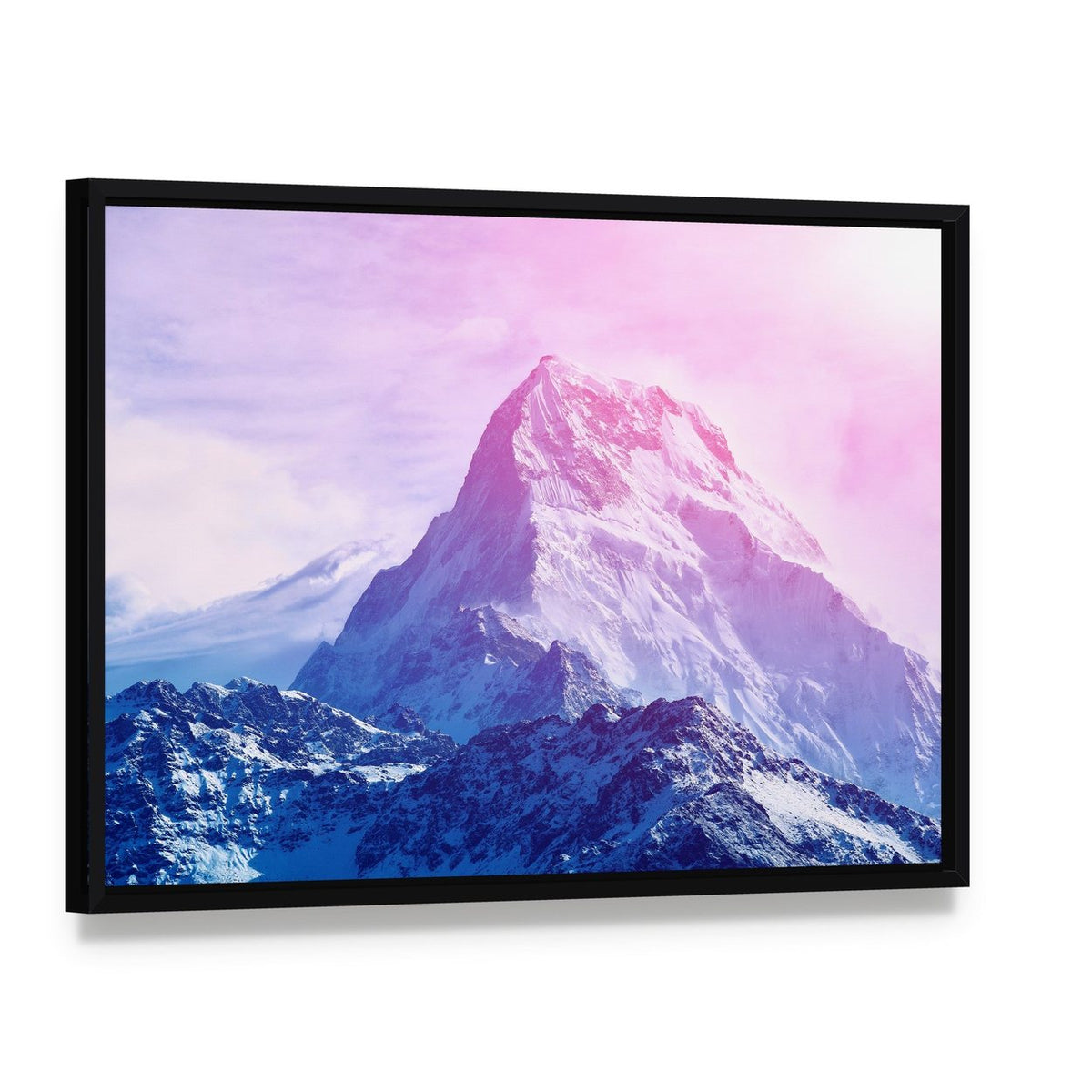 Pink Snowy Mountain Canvas Wall Art, framed canvas in a black floater frame, angled product view