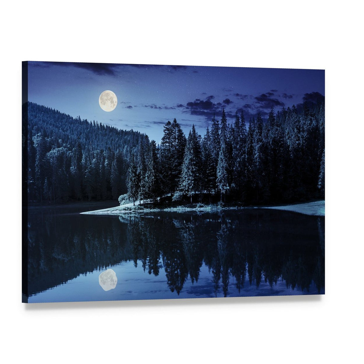 Moonlit Lake by Pine Forest Canvas Wall Art, single panel gallery wrapped canvas, angled product view