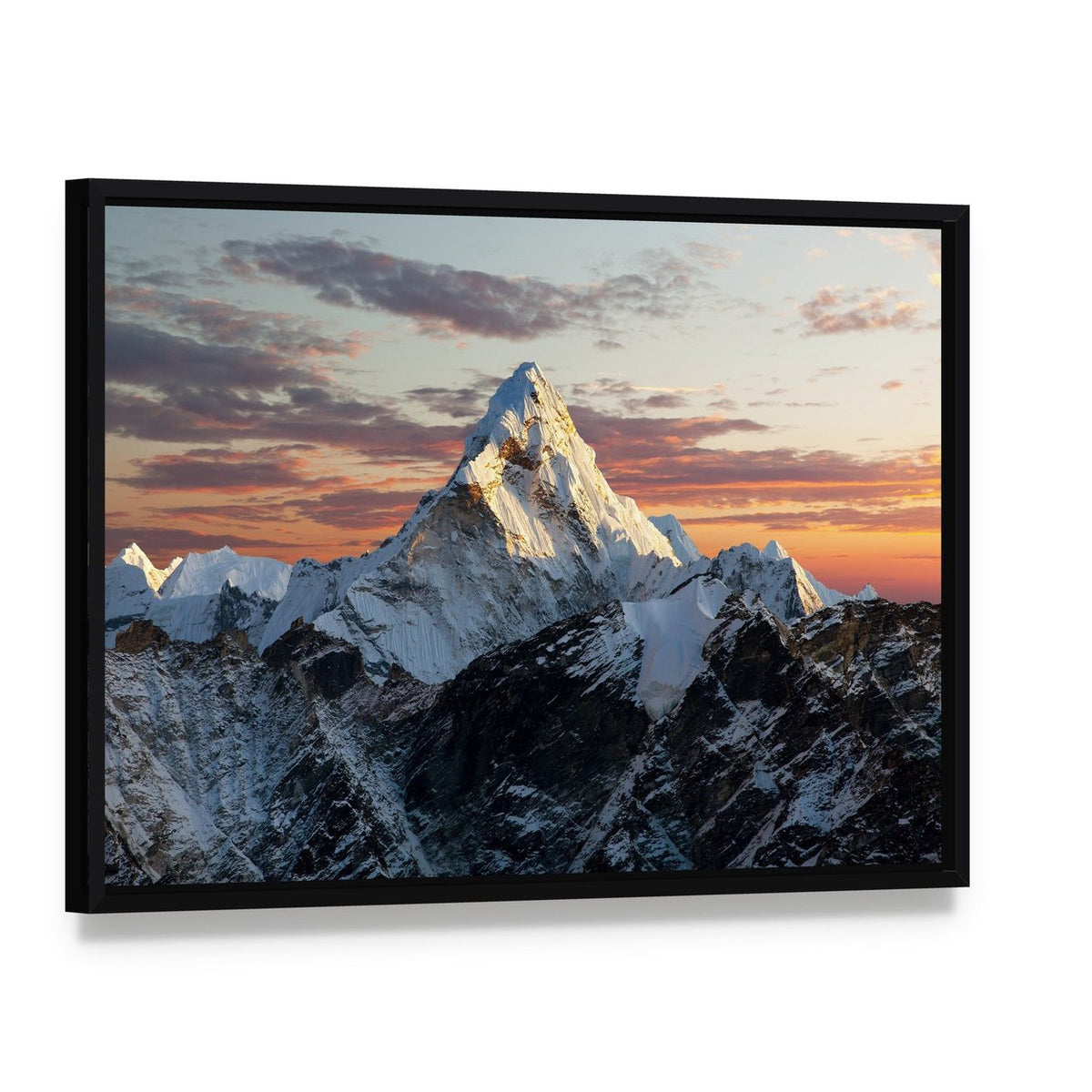 Mount Ama Dablam Canvas Wall Art, framed canvas in a black floater frame, angled product view