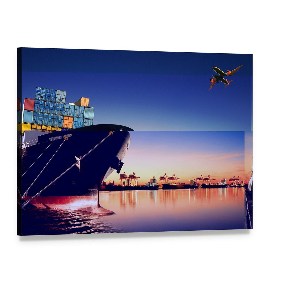 Container Ship in Harbor at Sunset Canvas Wall Art, single panel gallery wrapped canvas, angled product view