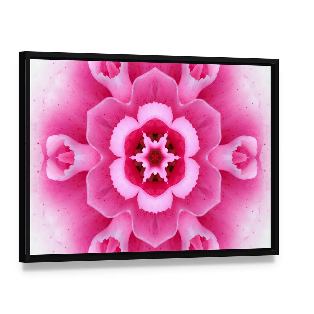 Pink Concentric Flower Canvas Wall Art, framed canvas in a black floater frame, angled product view