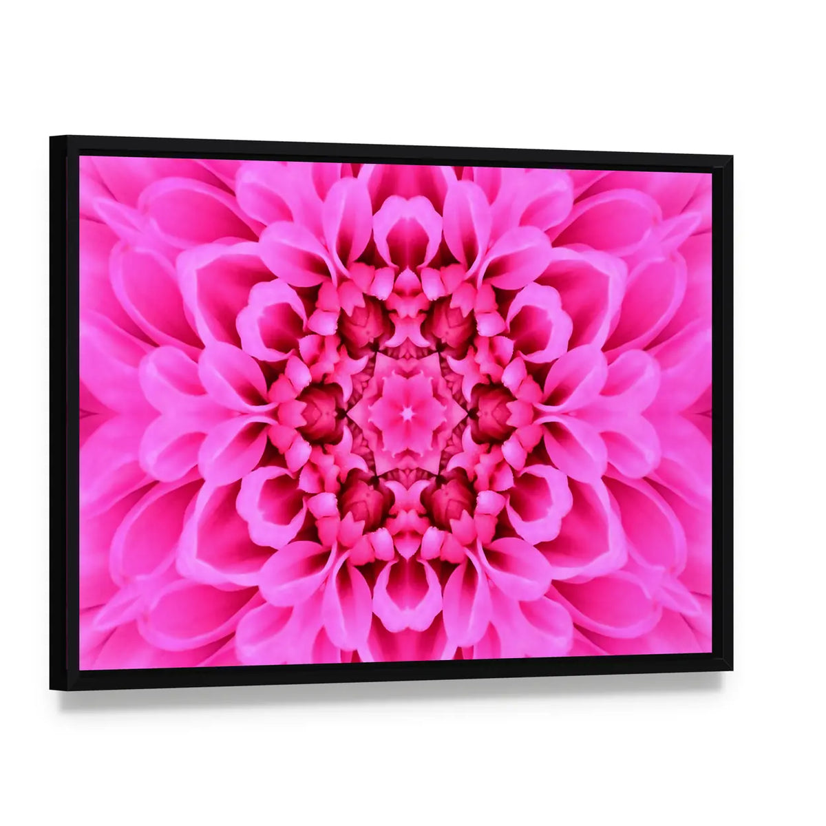 Pink Concentric Flower Canvas Wall Art, framed canvas in a black floater frame, angled product view