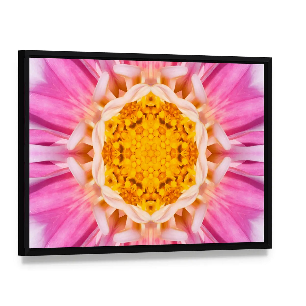 Pink Mandala Flower Canvas Wall Art, framed canvas in a black floater frame, angled product view