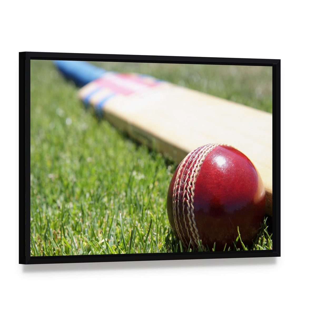 Cricket Ball and Bat on Grass Canvas Wall Art, framed canvas in a black floater frame, angled product view
