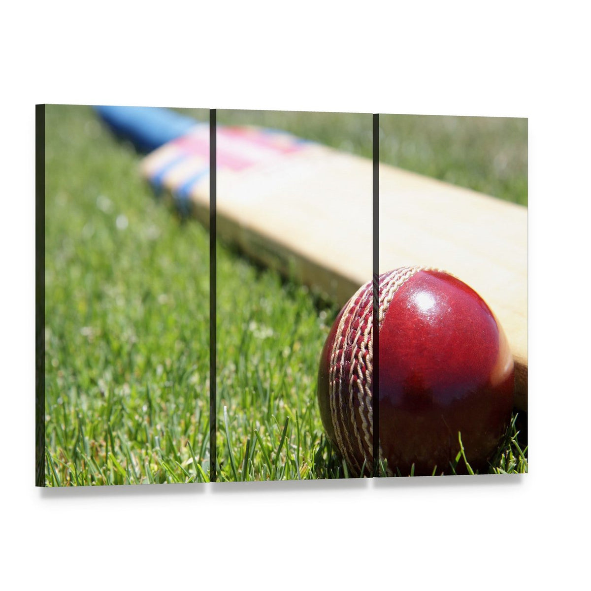 Cricket Ball and Bat on Grass Canvas Wall Art, 3 panel 3 Horizontal layout gallery wrapped canvas set, angled product view