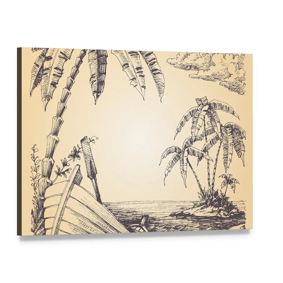 Weathered Boat on Tropical Shore Sketch Canvas Wall Art, single panel gallery wrapped canvas, angled product view
