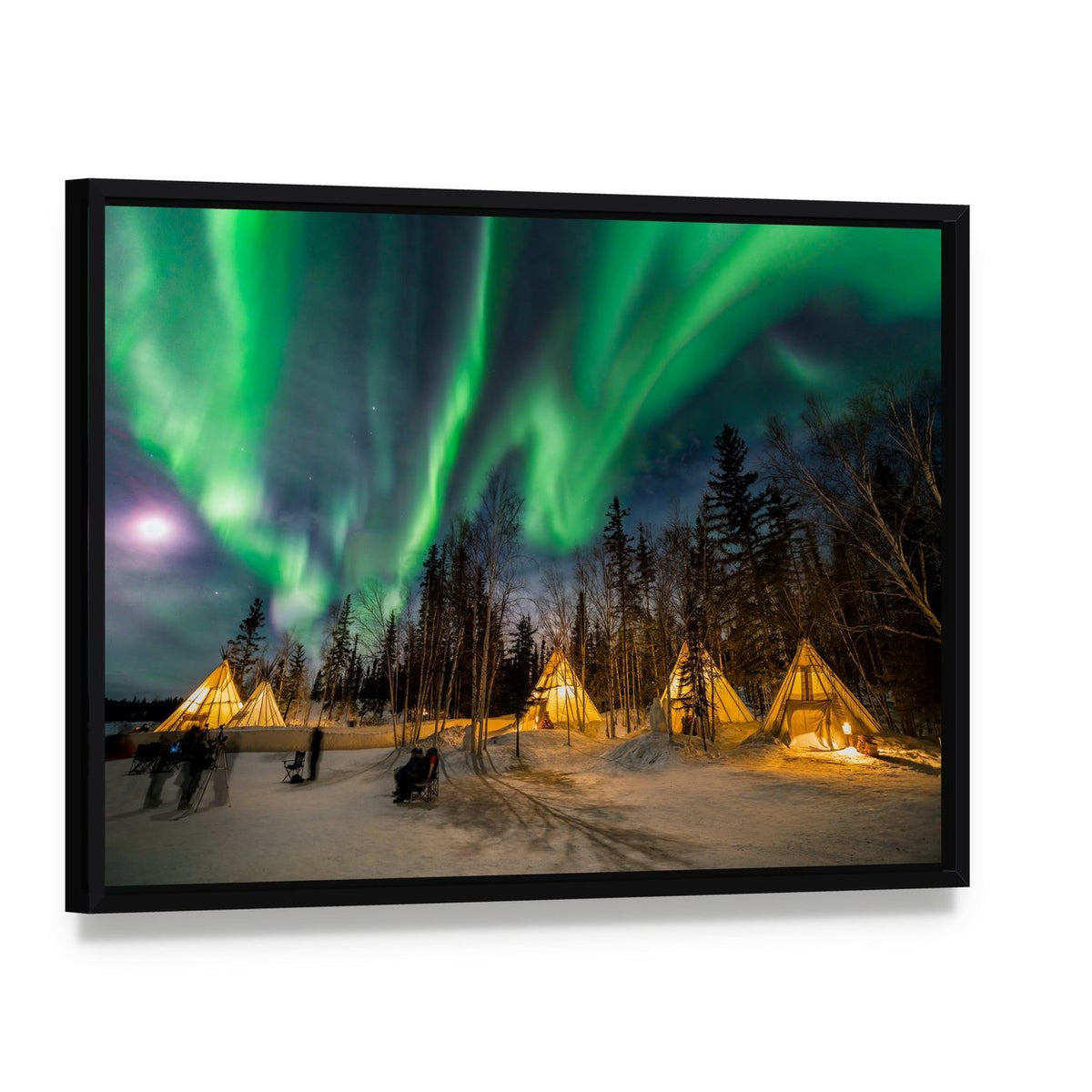 Aurora Village Canvas Wall Art, framed canvas in a black floater frame, angled product view