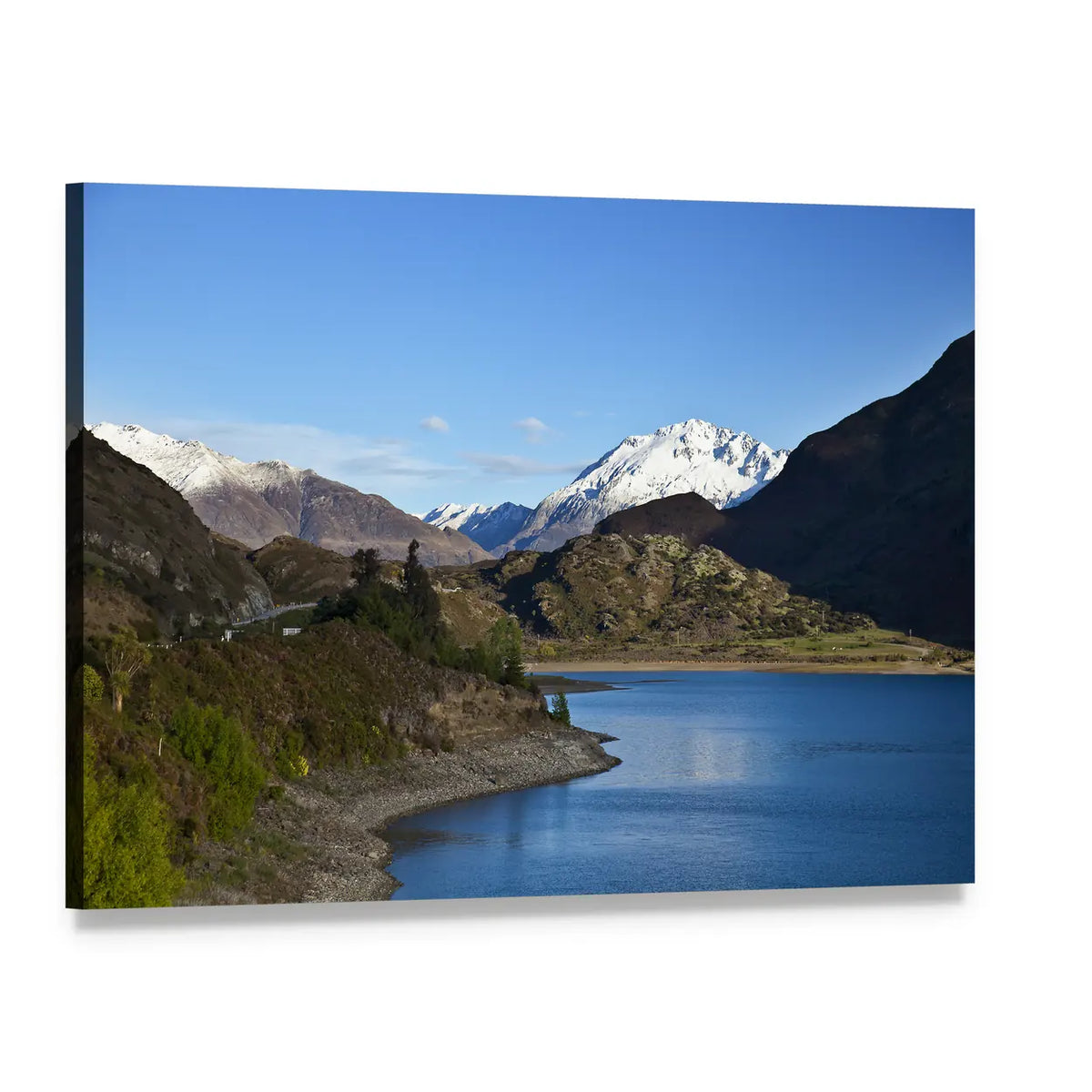 Snow-capped Mountain Above Lake Canvas Wall Art, single panel gallery wrapped canvas, angled product view