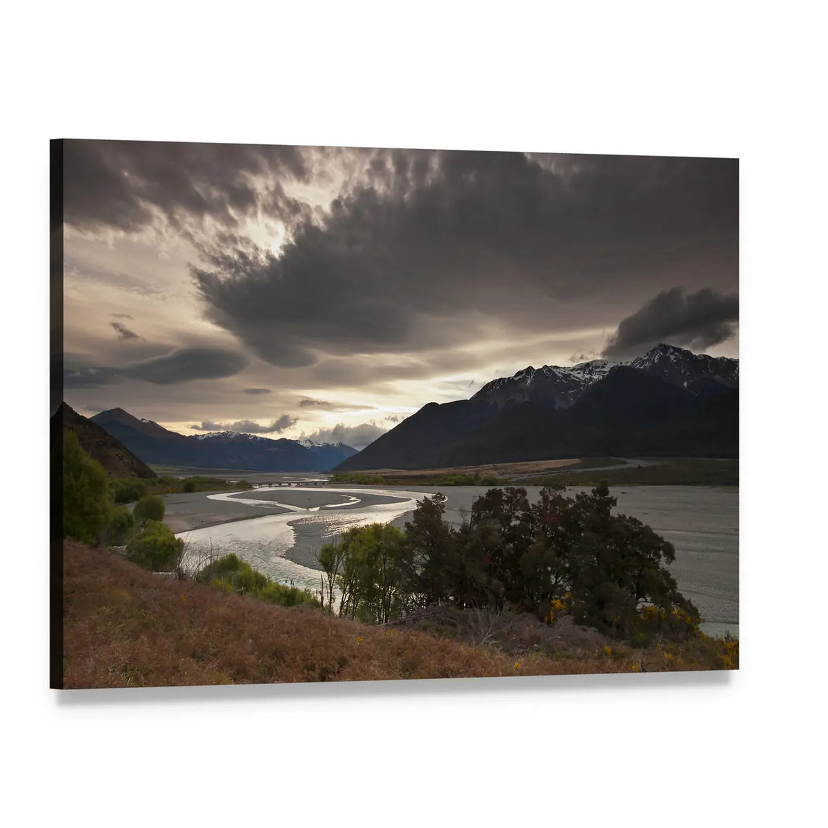 Dramatic Clouds Over Mountain Lake Canvas Wall Art, single panel gallery wrapped canvas, angled product view
