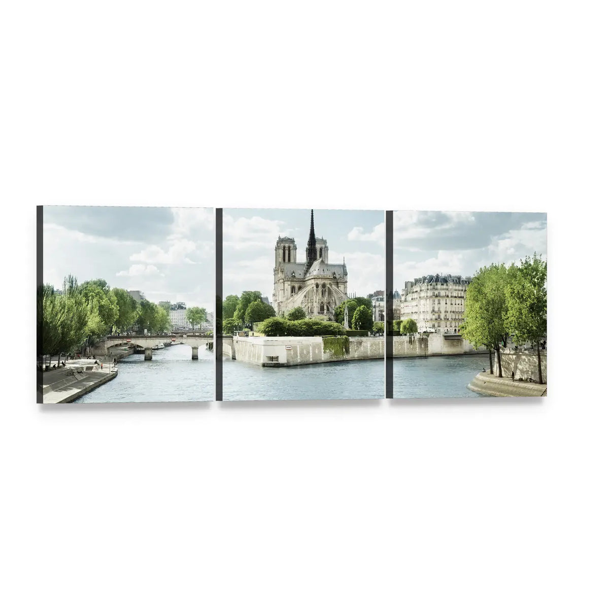 Notre Dame and the Seine, Paris Panoramic Canvas Wall Art, 3 panel 3 Piece layout gallery wrapped canvas set, angled product view