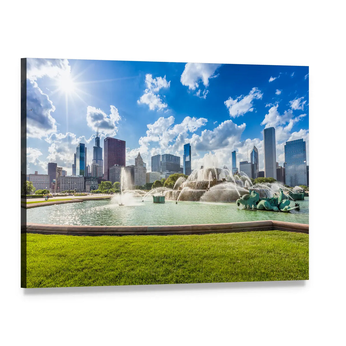 Buckingham Fountain with Chicago Skyline Canvas Wall Art, single panel gallery wrapped canvas, angled product view
