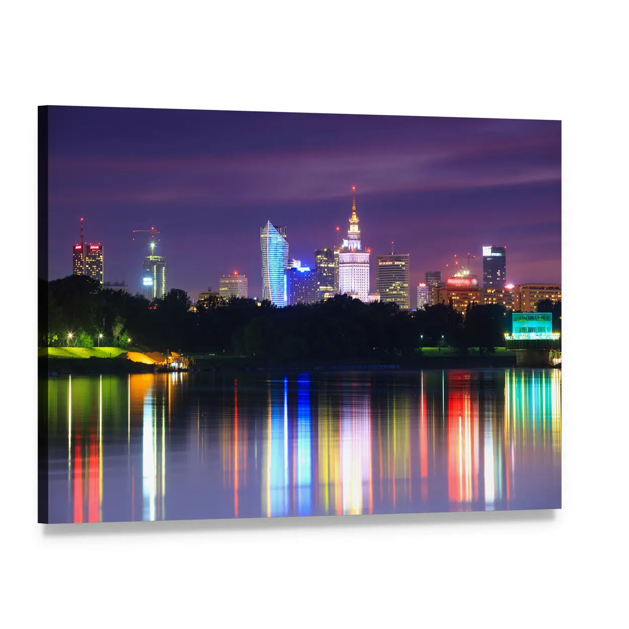 Warsaw Night Skyline Reflecting on the River Canvas Wall Art, single panel gallery wrapped canvas, angled product view