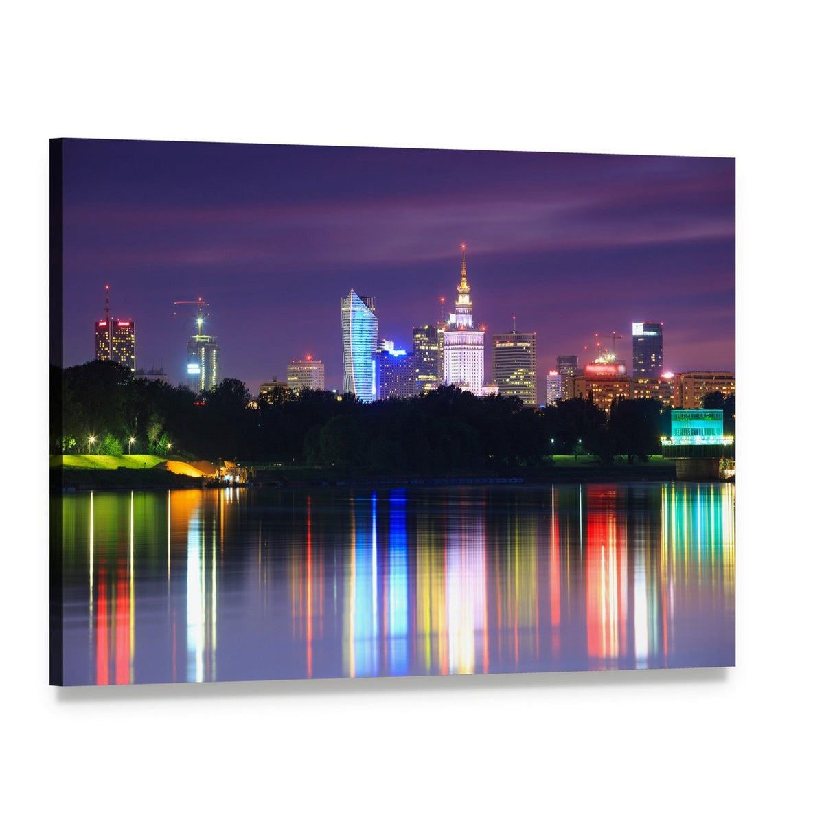 Warsaw Night Skyline Over the River Canvas Wall Art, single panel gallery wrapped canvas, angled product view