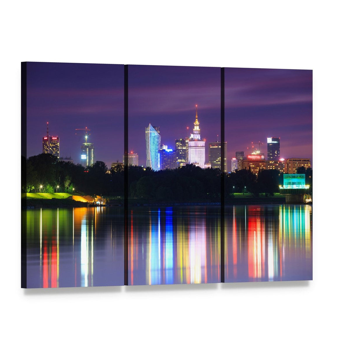 Warsaw Night Skyline Over the River Canvas Wall Art, 3 panel 3 Horizontal layout gallery wrapped canvas set, angled product view