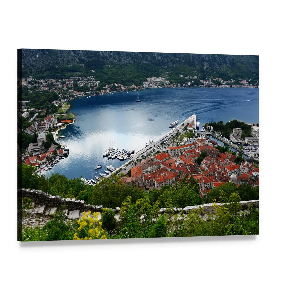 Kotor Old Town Bay with Red Tiled Roofs Canvas Wall Art, single panel gallery wrapped canvas, angled product view
