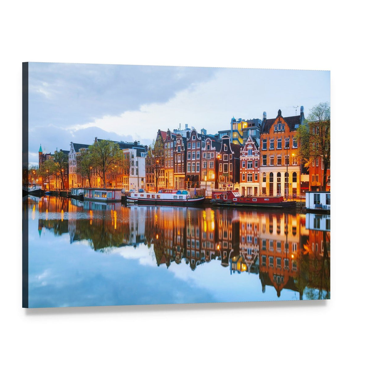 Amstel River and Canal Houses at Night Canvas Wall Art, single panel gallery wrapped canvas, angled product view