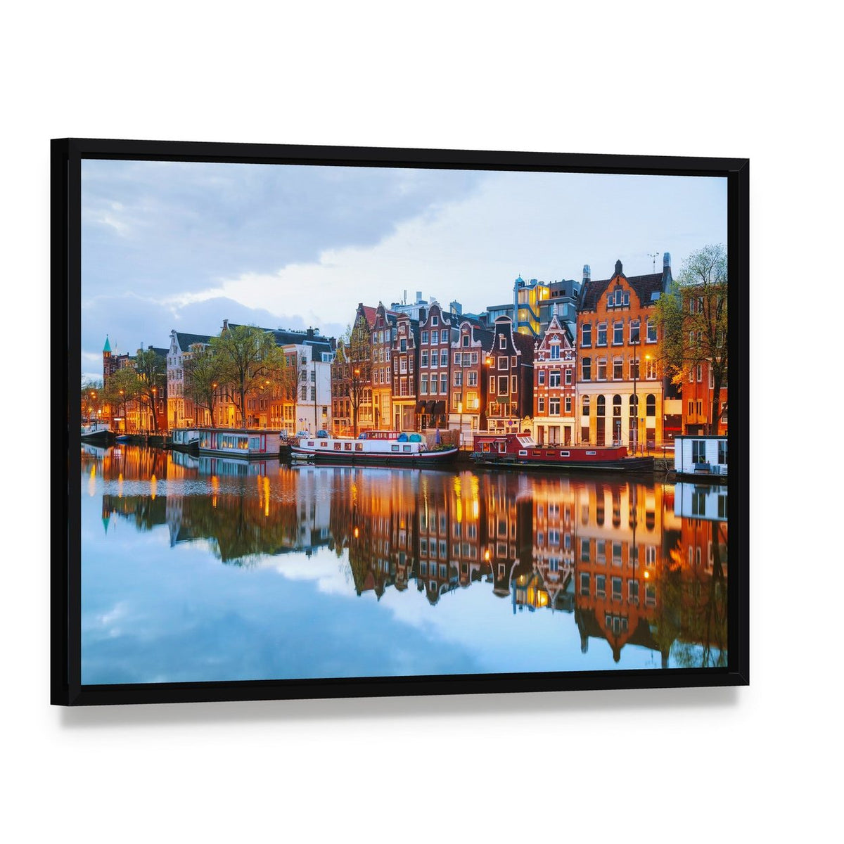 Amstel River and Canal Houses at Night Canvas Wall Art, framed canvas in a black floater frame, angled product view