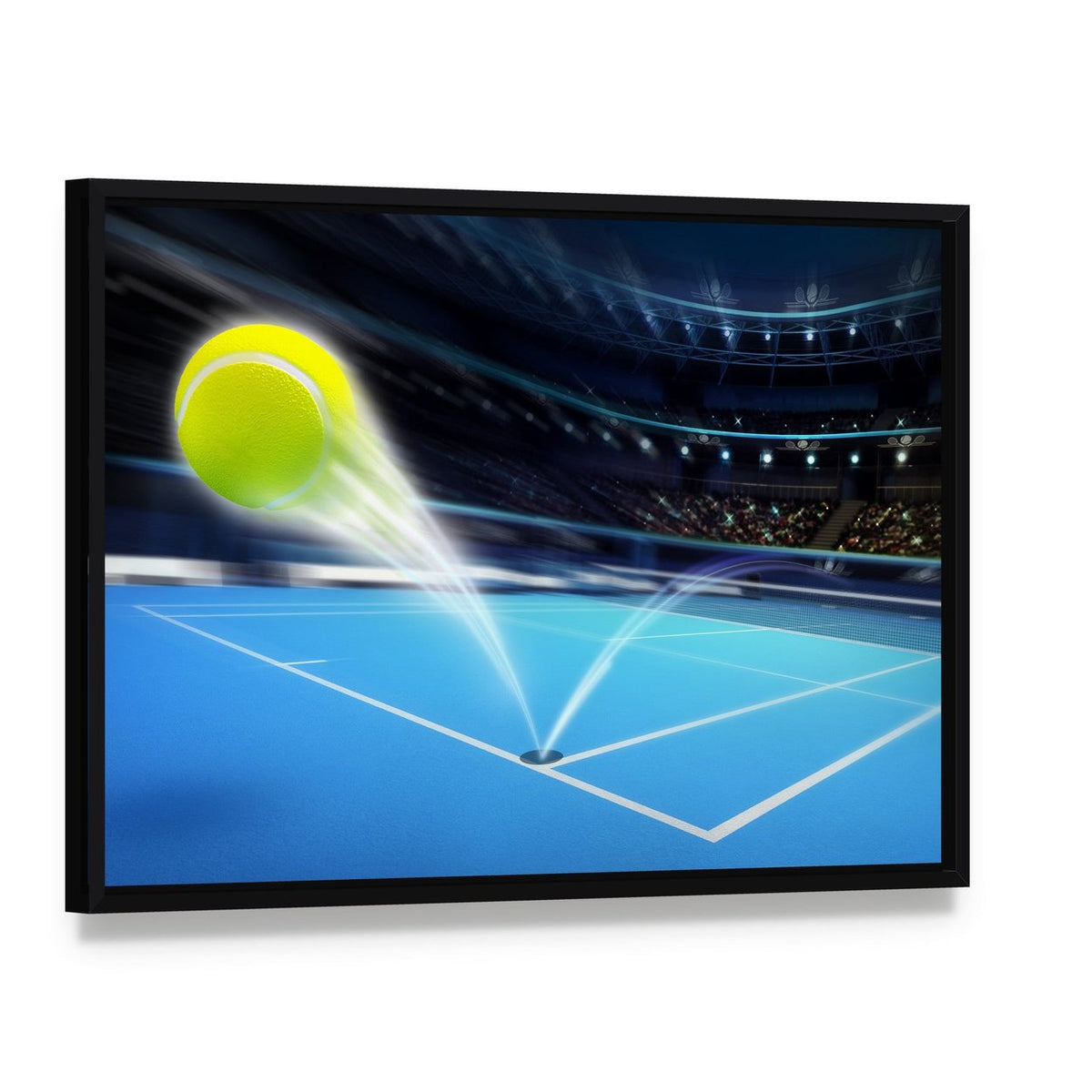 Flying Tennis Ball Canvas Wall Art, framed canvas in a black floater frame, angled product view
