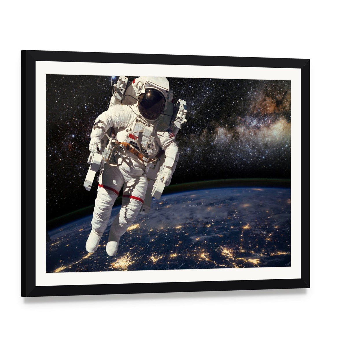 Astronaut and Milky Way Canvas Wall Art, framed print with white mat and black frame, angled product view