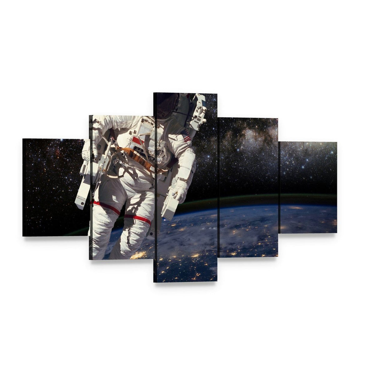 Astronaut and Milky Way Canvas Wall Art, 5 panel 5 Star layout gallery wrapped canvas set, angled product view