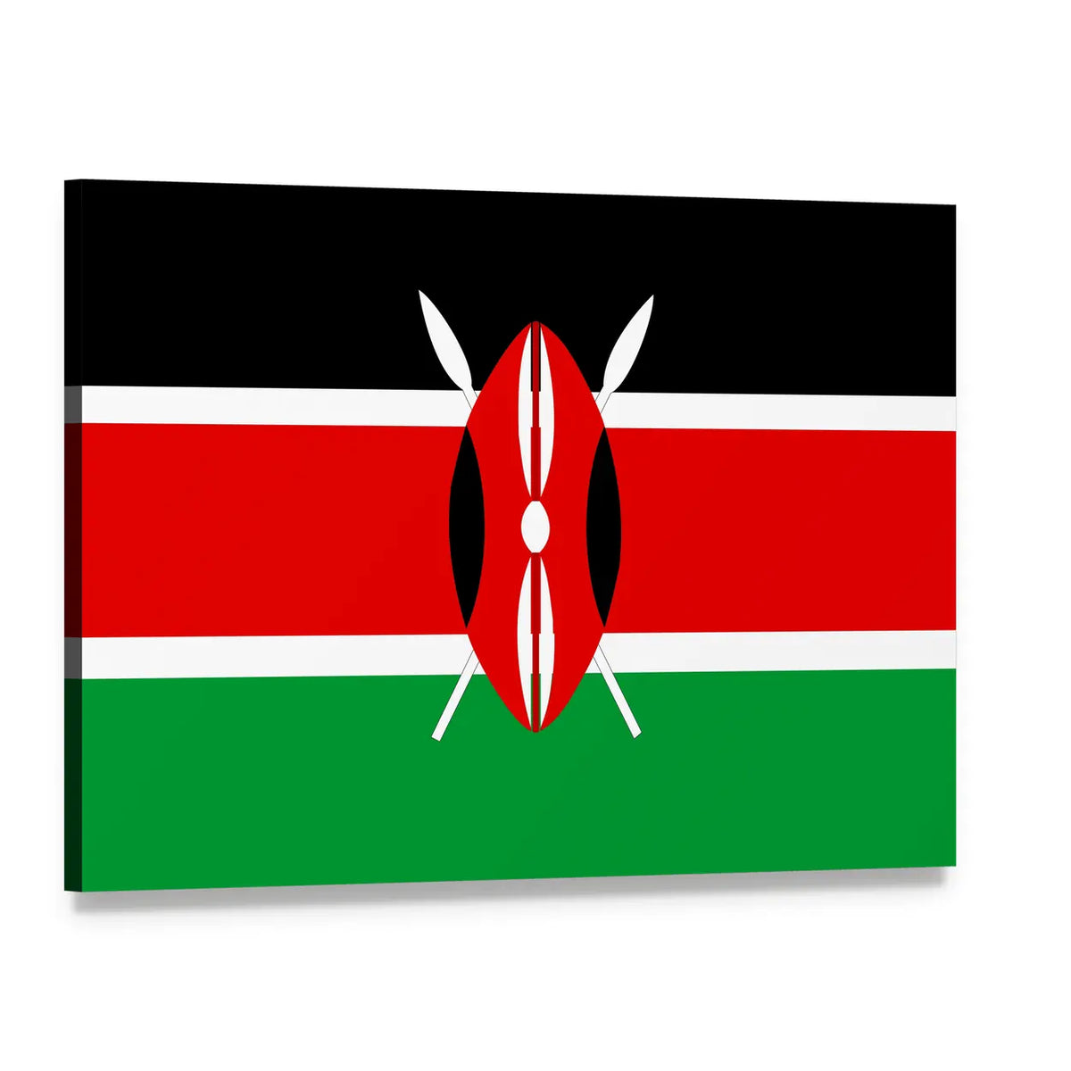 Kenyan Flag with Maasai Shield and Spears Canvas Wall Art, single panel gallery wrapped canvas, angled product view