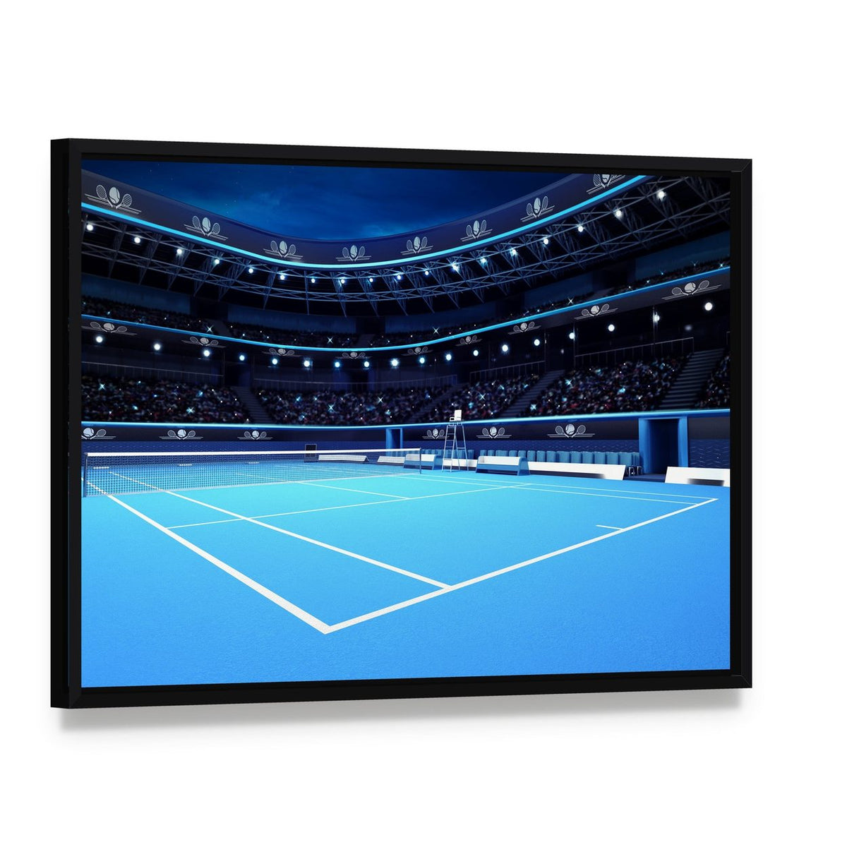 Tennis Court Canvas Wall Art, framed canvas in a black floater frame, angled product view