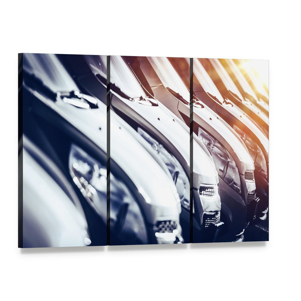 Row of Brand New Cars for Sale Canvas Wall Art, 3 panel 3 Horizontal layout gallery wrapped canvas set, angled product view