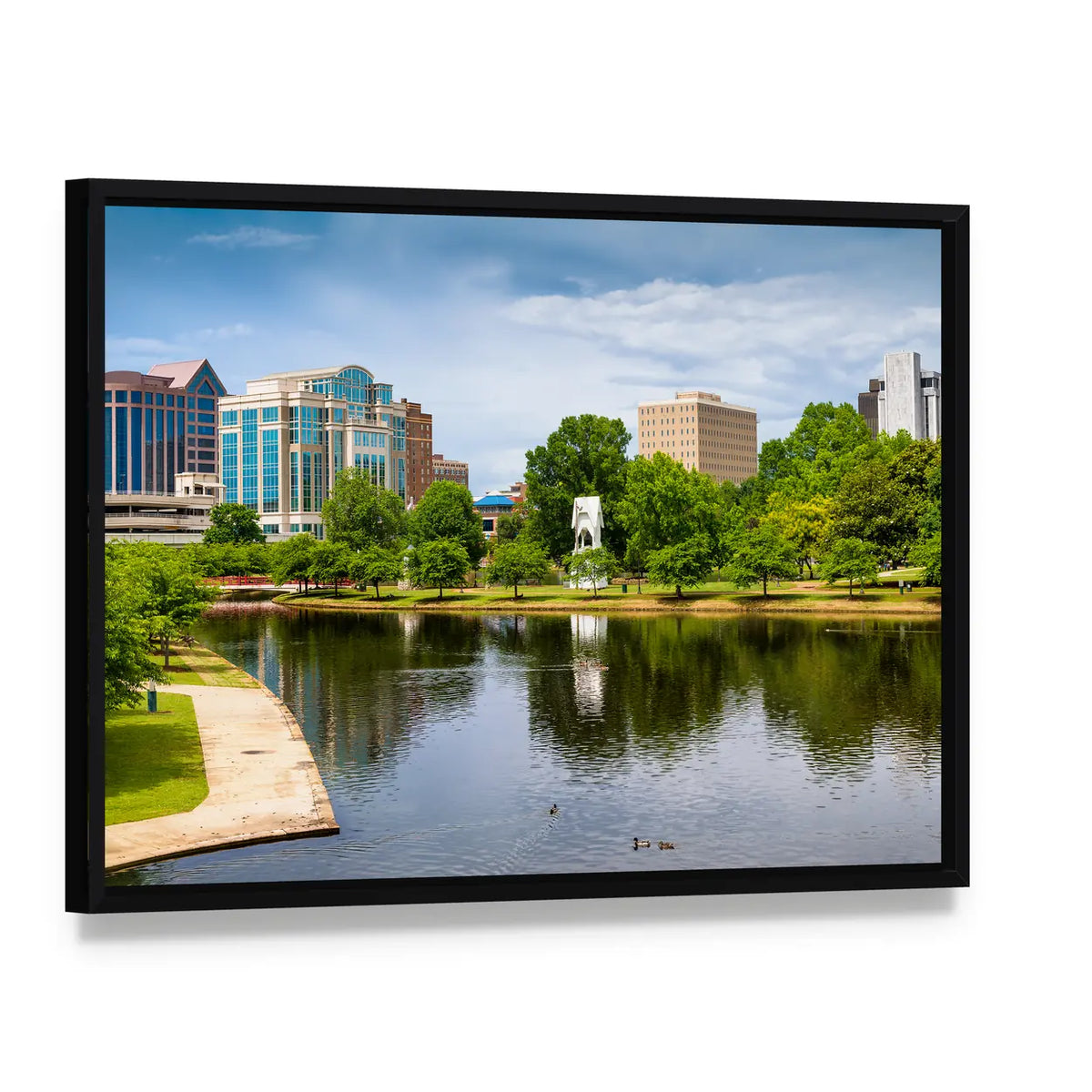 Downtown Huntsville Skyline Canvas Wall Art, framed canvas in a black floater frame, angled product view