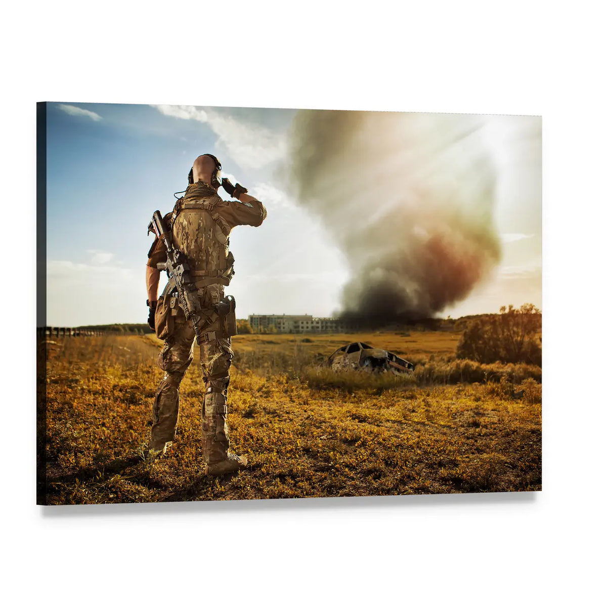 Soldier Watching Enemy Canvas Wall Art, single panel gallery wrapped canvas, angled product view
