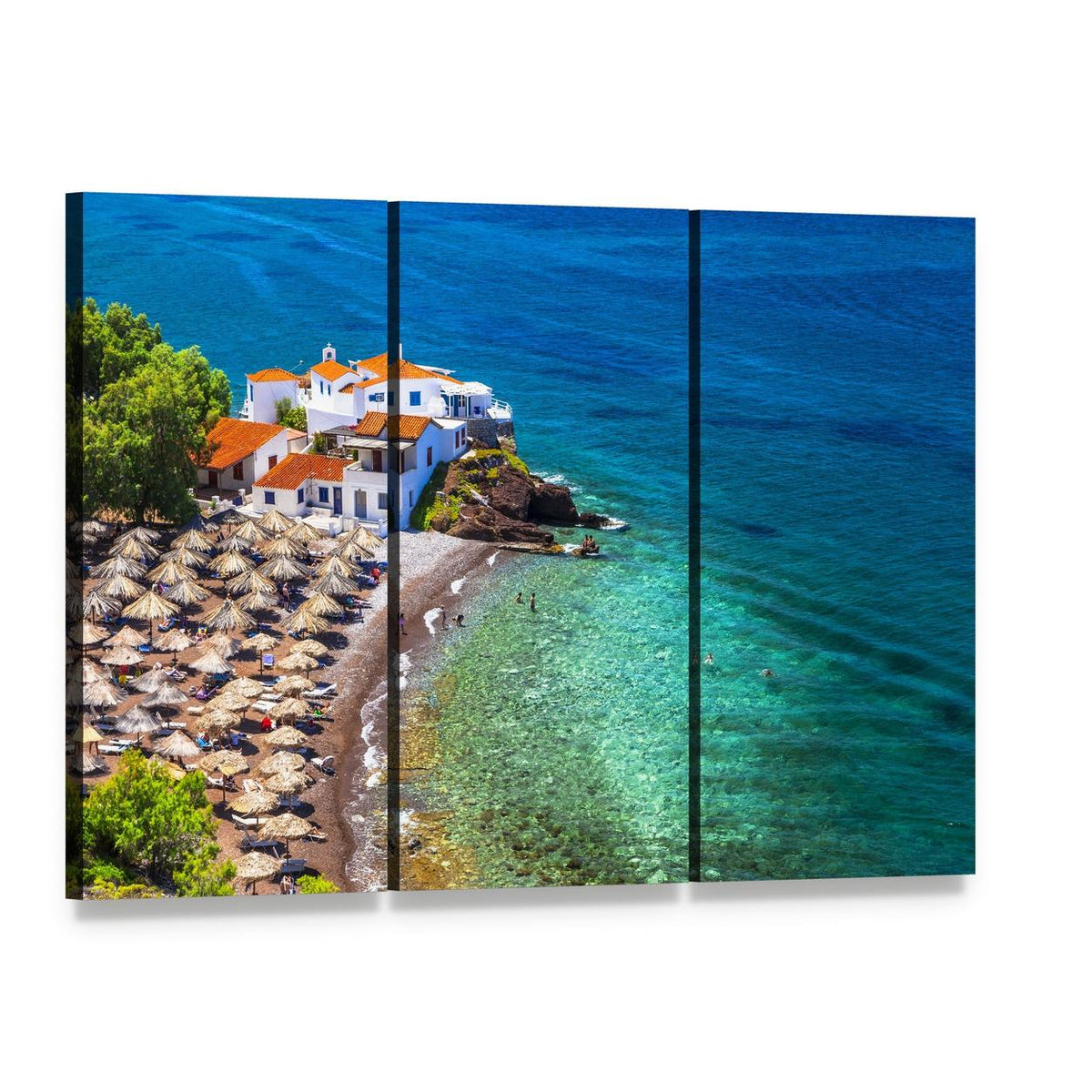Hydra Island Beach Aerial View Canvas Wall Art, 3 panel 3 Horizontal layout gallery wrapped canvas set, angled product view