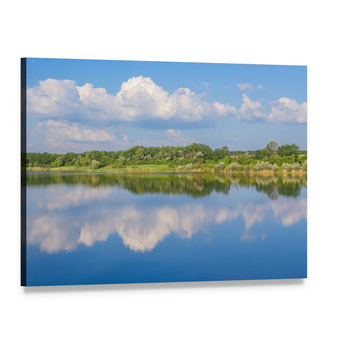 Rural Lake Landscape Canvas Wall Art, single panel gallery wrapped canvas, angled product view