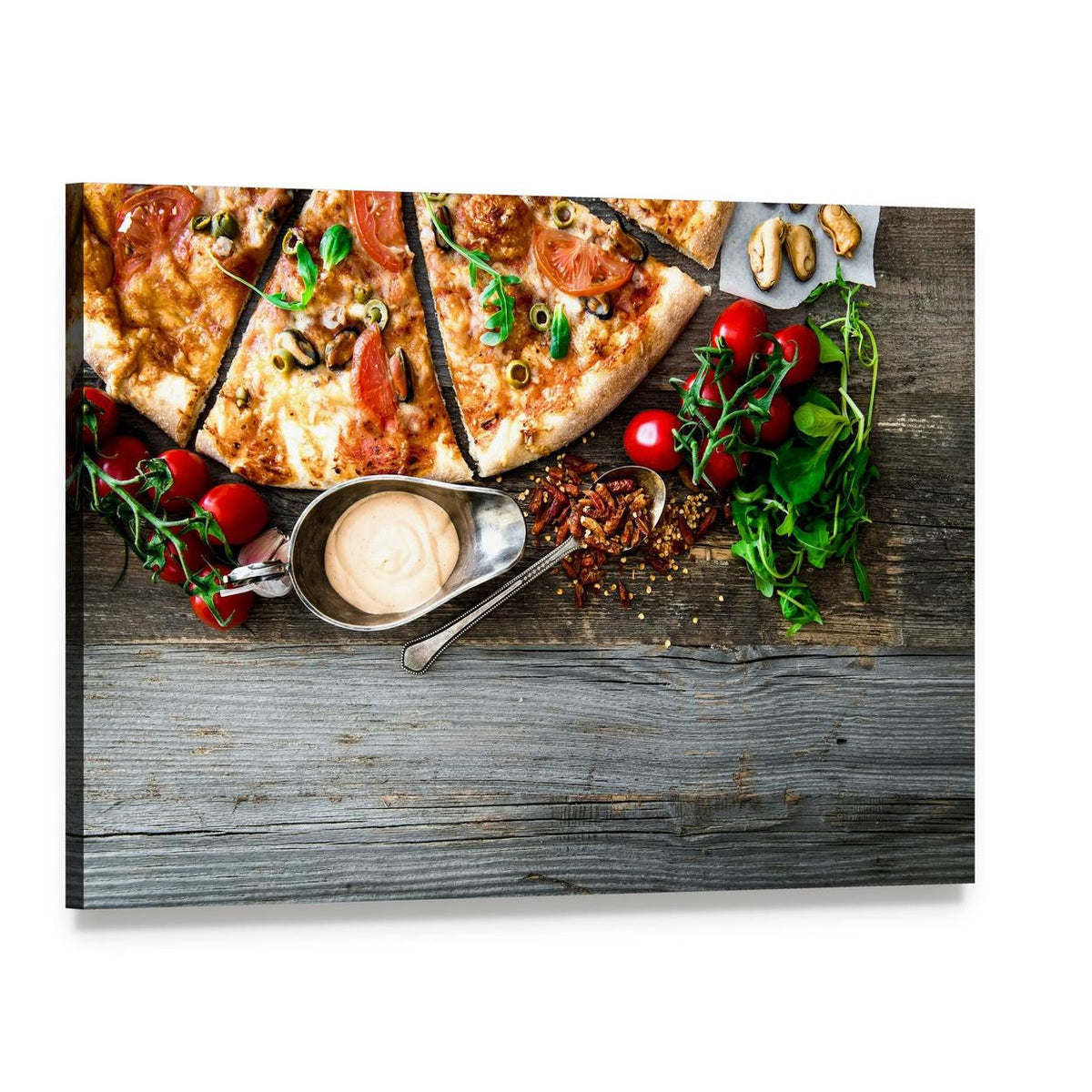 Seafood Pizza with Cherries Canvas Wall Art, single panel gallery wrapped canvas, angled product view