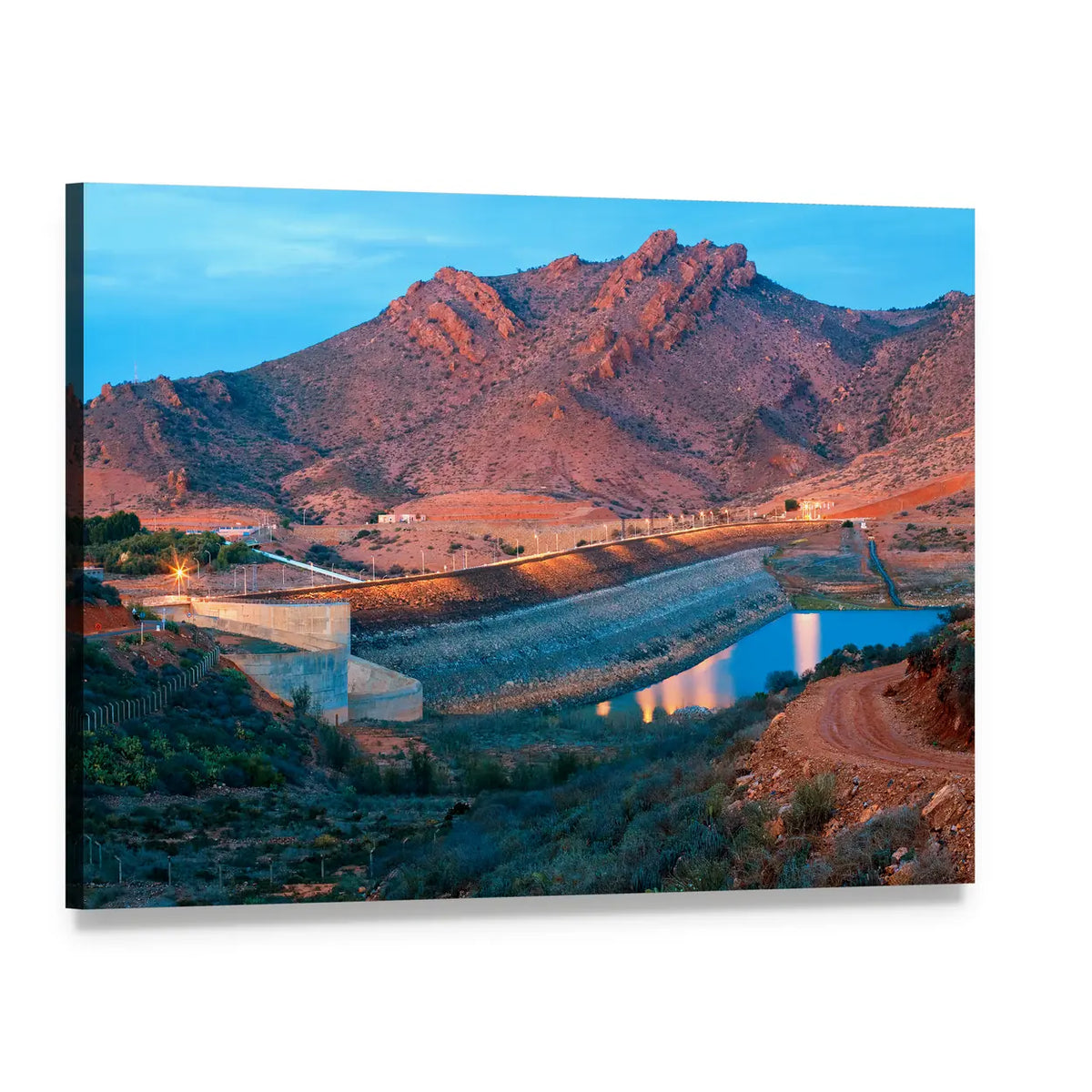 Barrage Youssef Ibn Tachfin Dam at Dusk Canvas Wall Art, single panel gallery wrapped canvas, angled product view