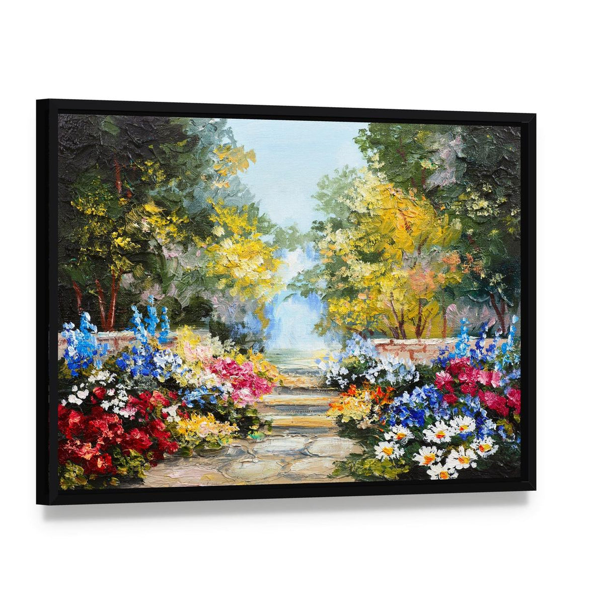 Summer Forest with Flowers Canvas Wall Art, framed canvas in a black floater frame, angled product view