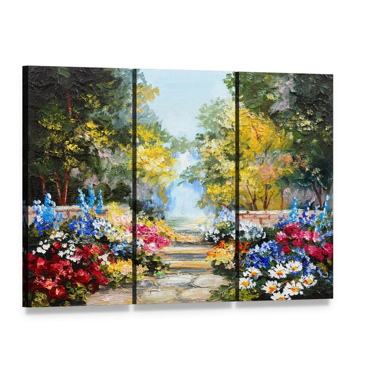 Summer Forest with Flowers Canvas Wall Art, 3 panel 3 Horizontal layout gallery wrapped canvas set, angled product view