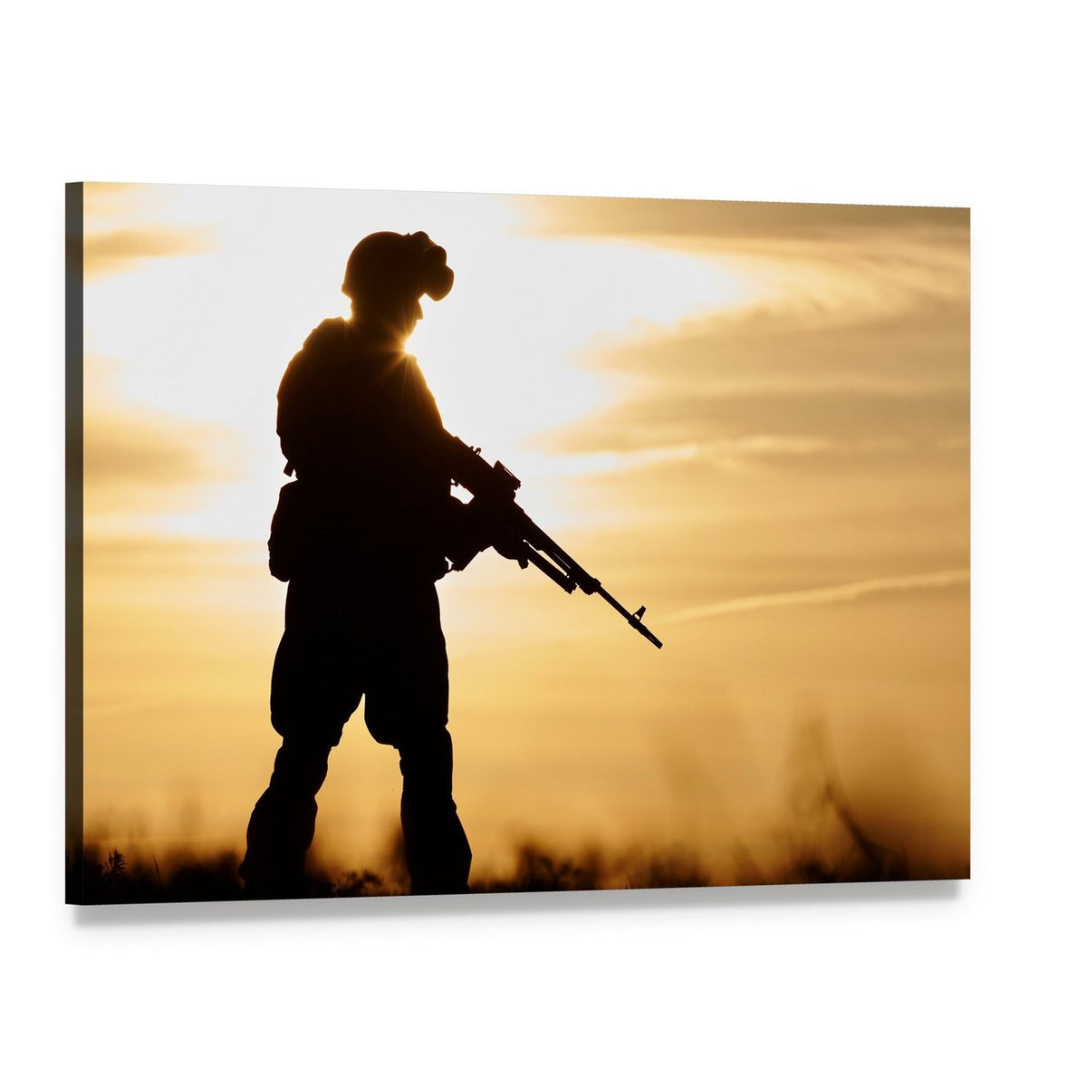 Soldier Silhouette at Sunset Canvas Wall Art, single panel gallery wrapped canvas, angled product view