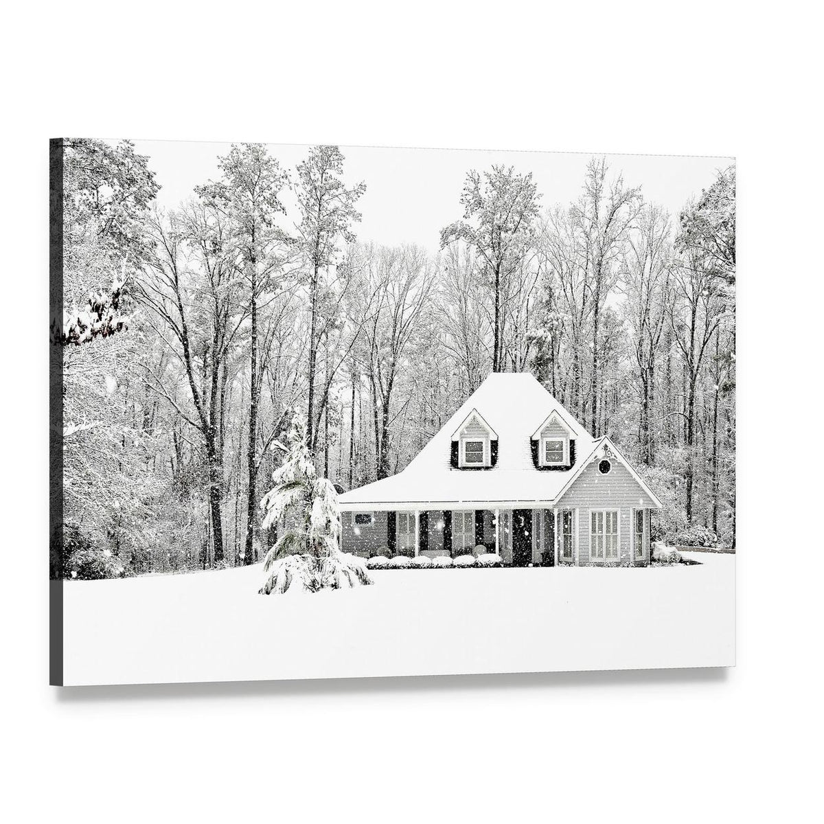 Frosty Home in Winter Canvas Wall Art, single panel gallery wrapped canvas, angled product view