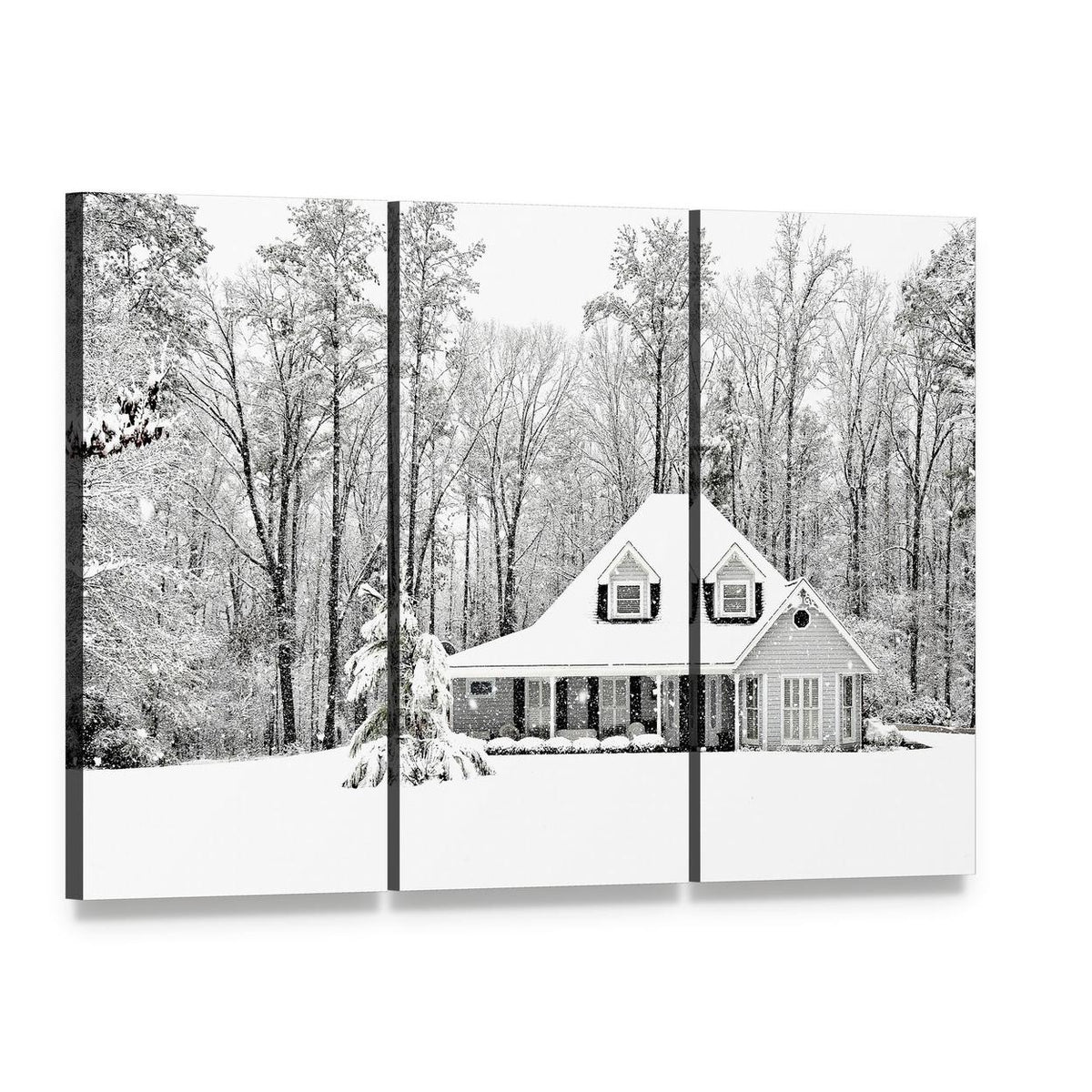 Frosty Home in Winter Canvas Wall Art, 3 panel 3 Horizontal layout gallery wrapped canvas set, angled product view