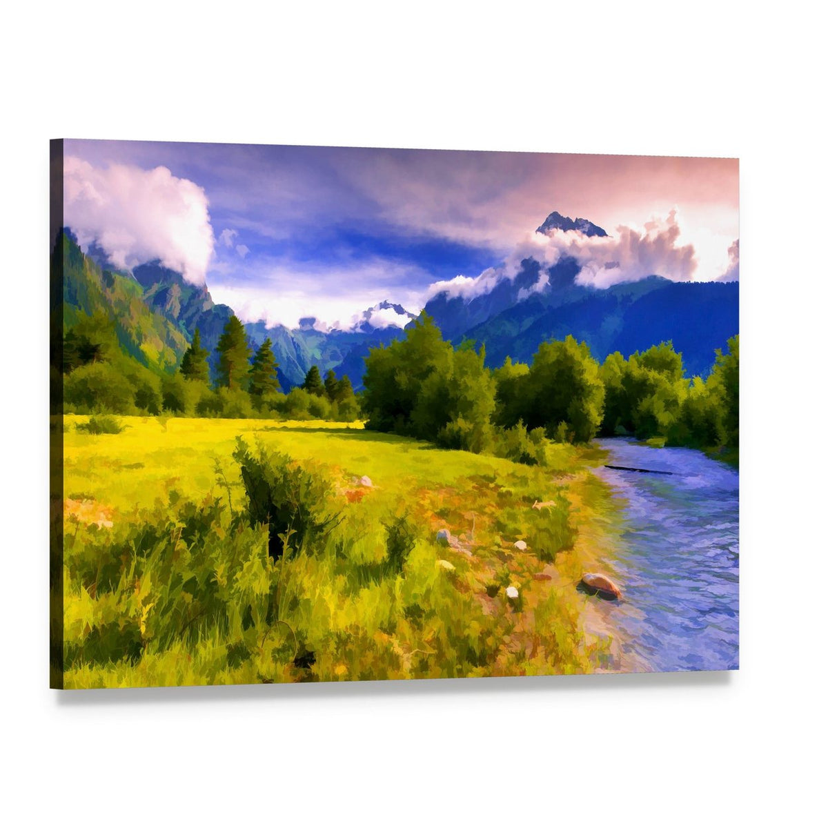 Blue River Watercolor Landscape Canvas Wall Art, single panel gallery wrapped canvas, angled product view
