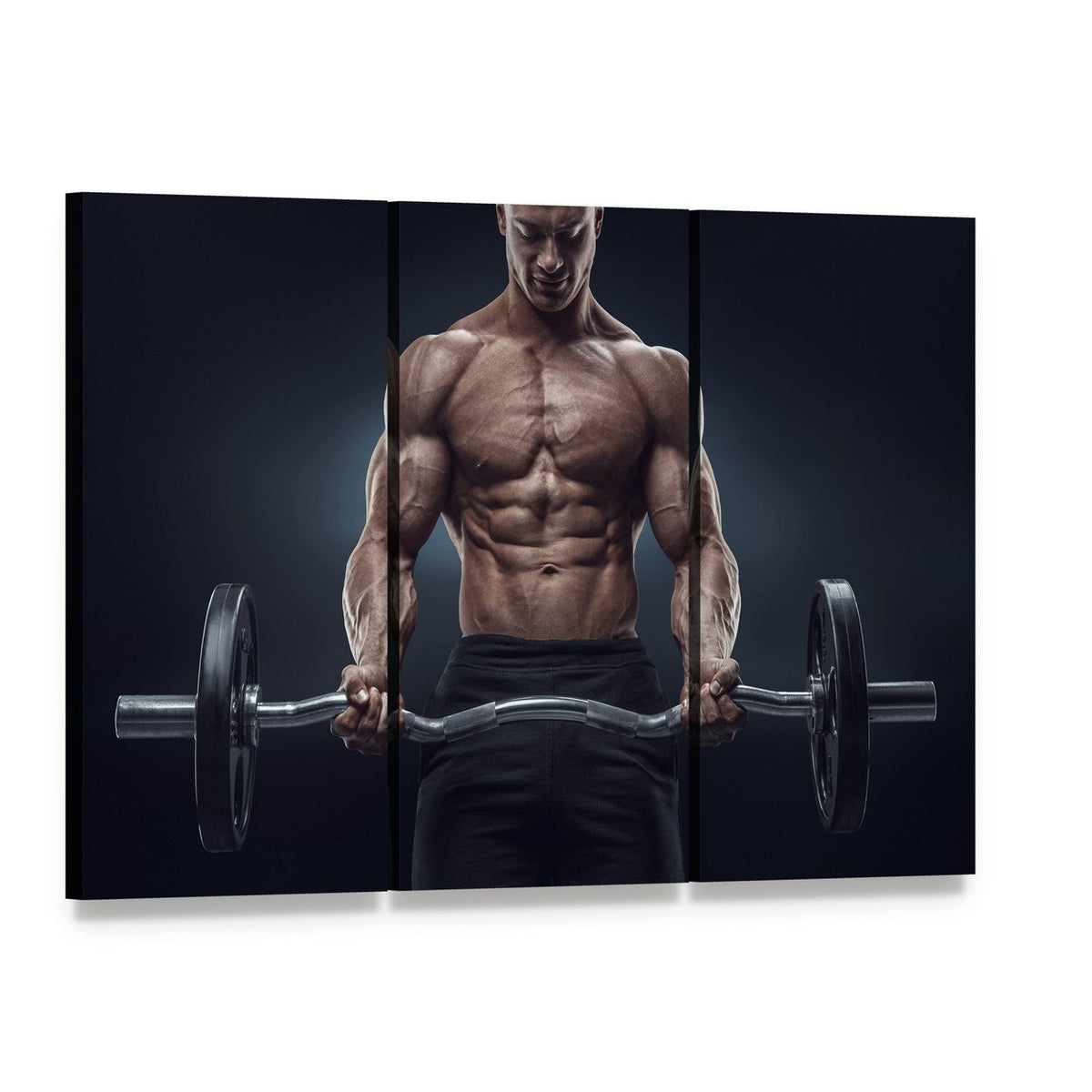 Bodybuilder Deadlifting in Intense Workout Canvas Wall Art, 3 panel 3 Horizontal layout gallery wrapped canvas set, angled product view