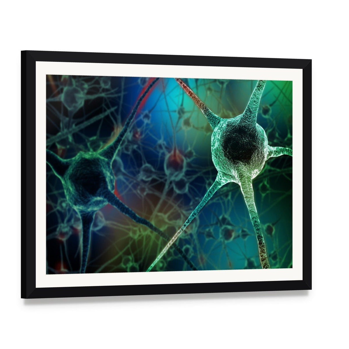Realistic Neuron Rendering Canvas Wall Art, framed print with white mat and black frame, angled product view