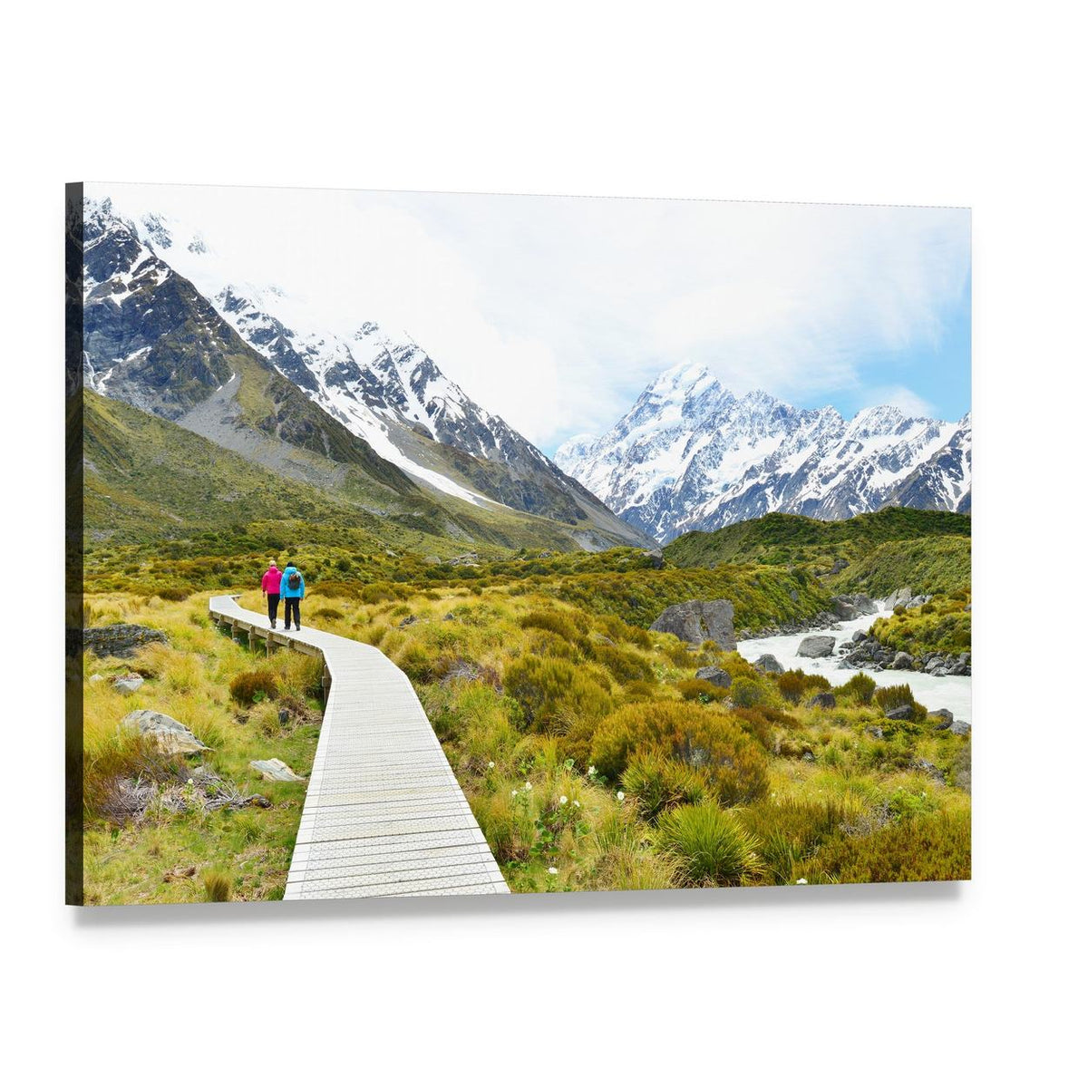 Aoraki Mount Cook Boardwalk with Two Hikers Canvas Wall Art, single panel gallery wrapped canvas, angled product view
