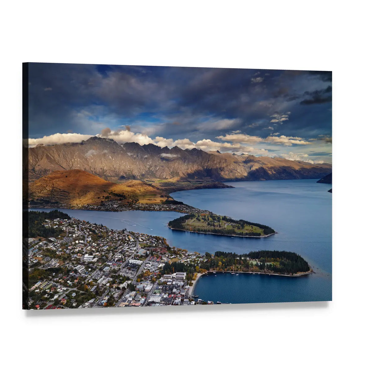 Queenstown Over Lake Wakatipu and Mountains Canvas Wall Art, single panel gallery wrapped canvas, angled product view