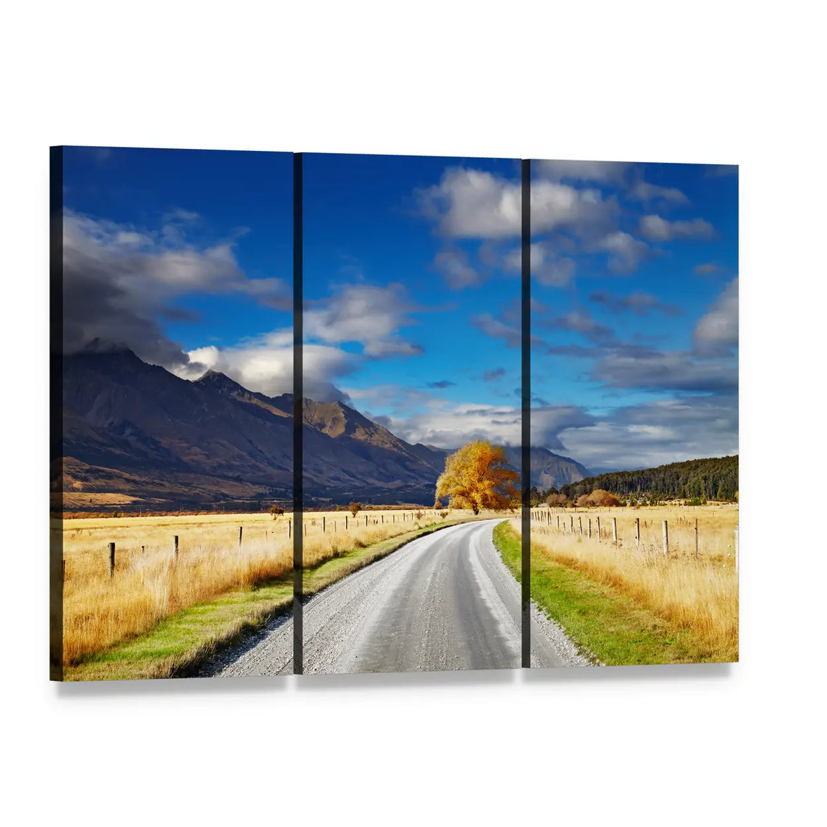 Mountain Road Under Clouds Canvas Wall Art, 3 panel 3 Horizontal layout gallery wrapped canvas set, angled product view