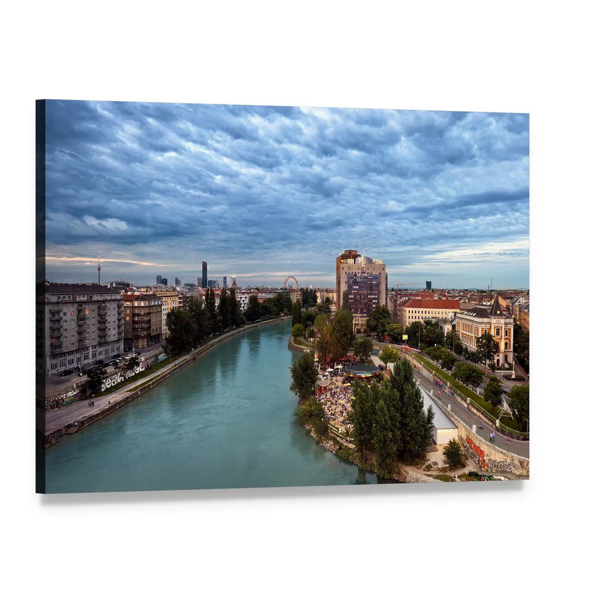 Herrmann Beach Cityscape with River Canvas Wall Art, single panel gallery wrapped canvas, angled product view
