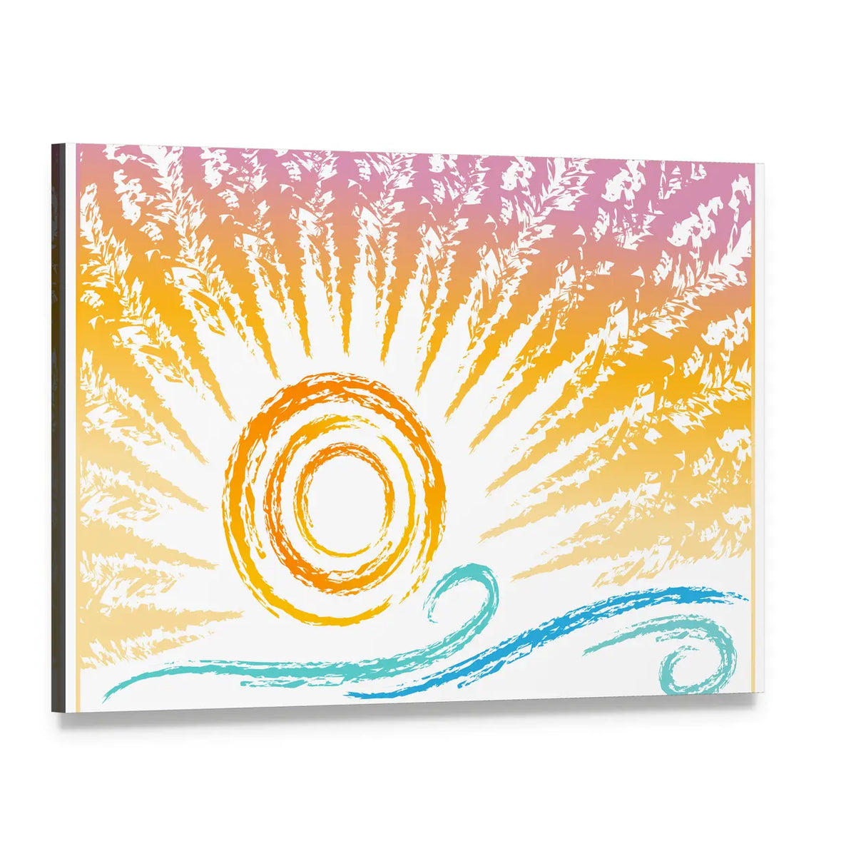 Stylized Sun and Ocean Waves Canvas Wall Art, single panel gallery wrapped canvas, angled product view
