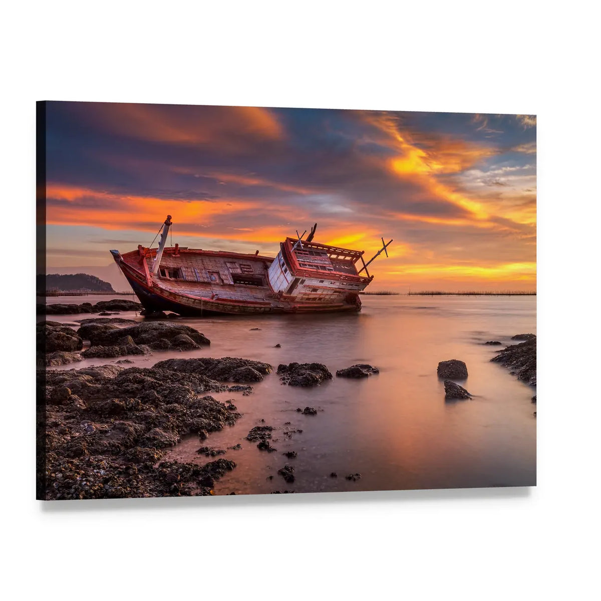 Fishing Boat Moored On Beach At Sunset Canvas Wall Art, single panel gallery wrapped canvas, angled product view