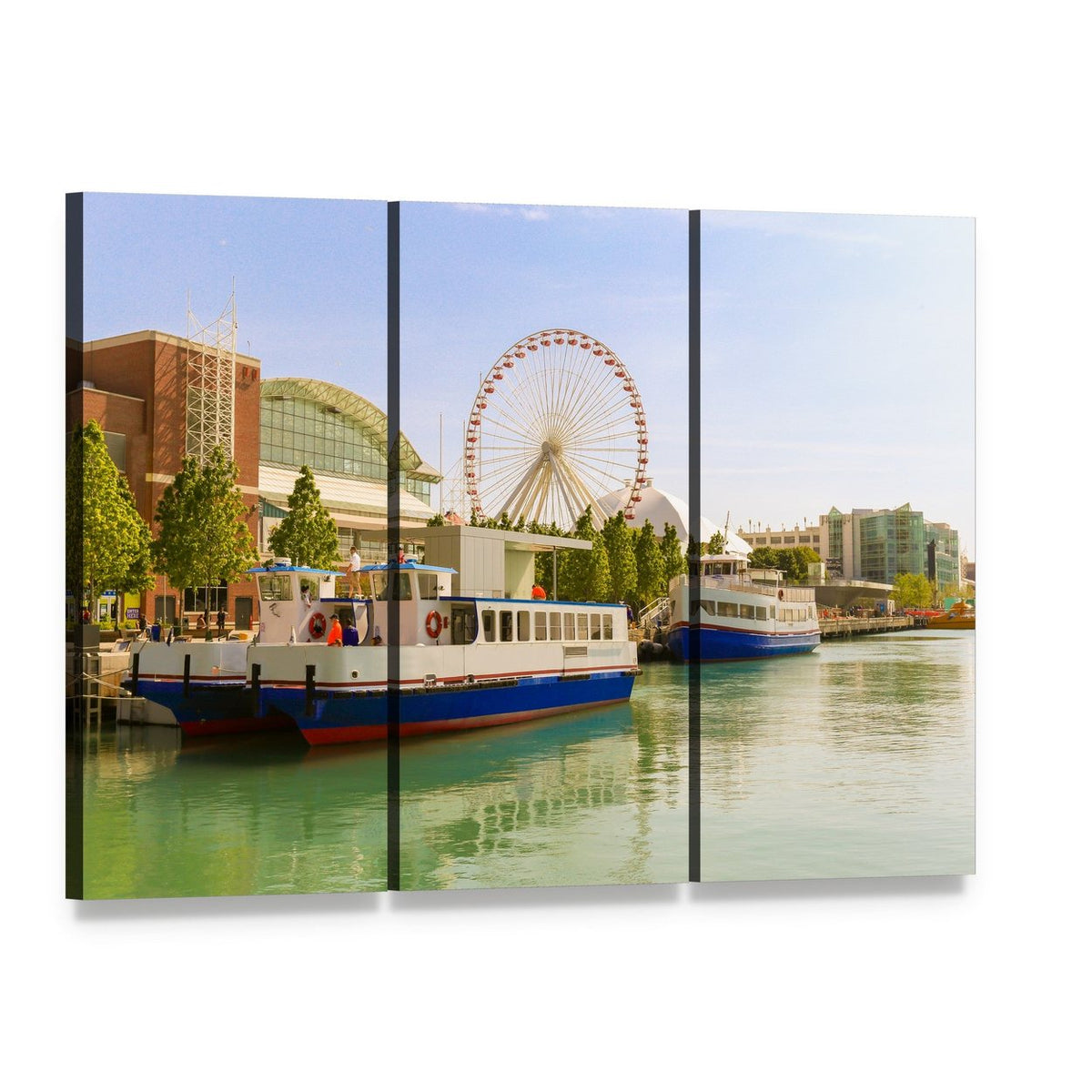 Navy Pier Ferris Wheel, Chicago Canvas Wall Art, 3 panel 3 Horizontal layout gallery wrapped canvas set, angled product view